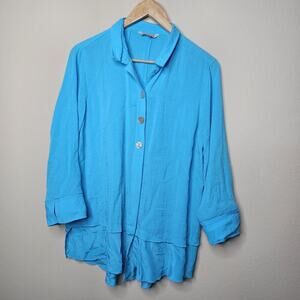 John Mark Bright Blue 3/4 Roll Tab Sleeves Buttoned Tunic Blouse Womens Size XL
